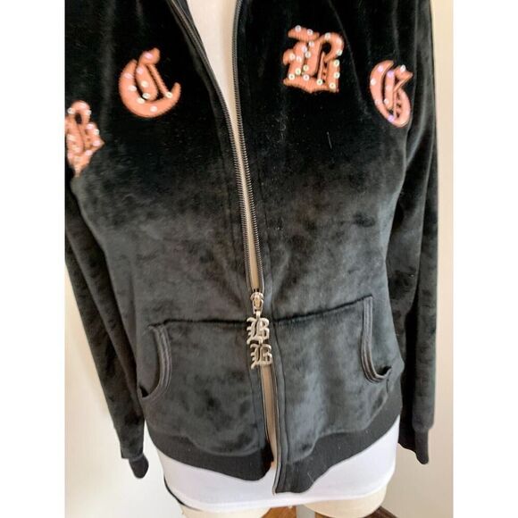 VTG Y2K BCBG MaxAzria Black Velour Rhinestone Track Suit L Hoodie Juicy Heart Lo - Picture 15 of 16